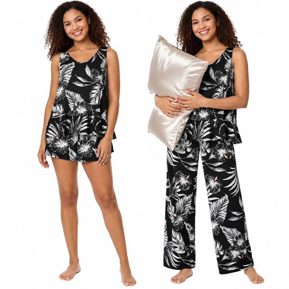 Tommy Bahama Womens 3 Piece Pajama Set Black Tropical Sleepwear Loungewear NEW